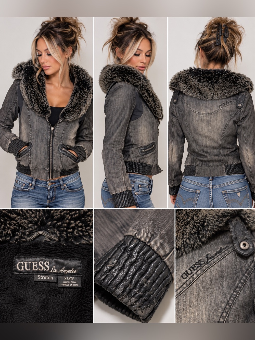 Guess Y2K Women's Distressed Gray Denim Jacket with Plush Faux-Fur Collar